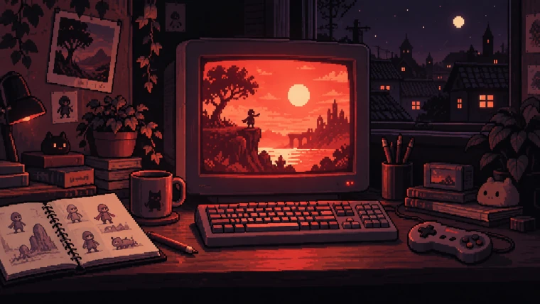 A game-making desk at night, with a glowing red monitor and an open sketchbook.